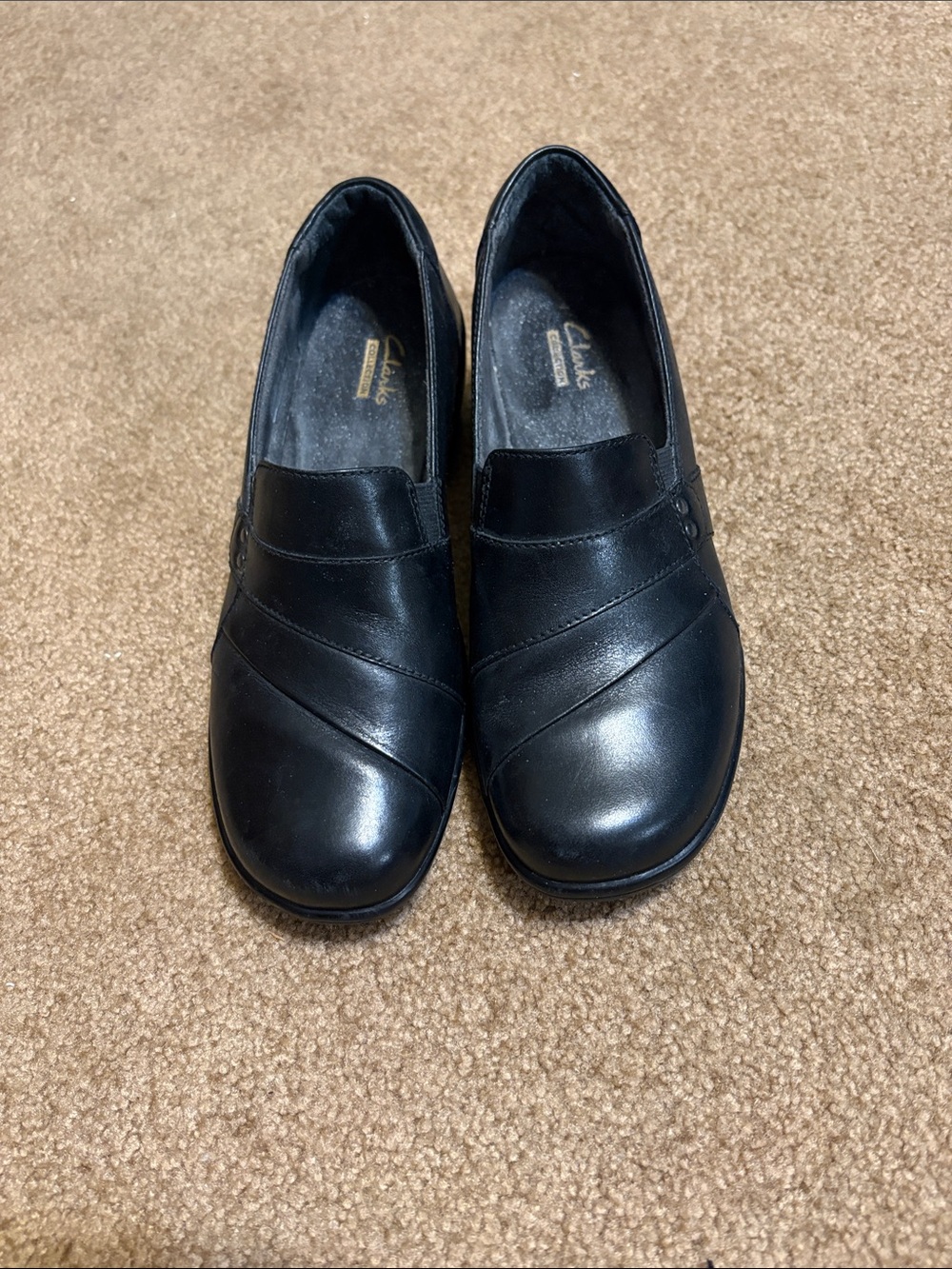 Clarks Black Leather Slip-On Loafers with Diagonal Stitch Detail